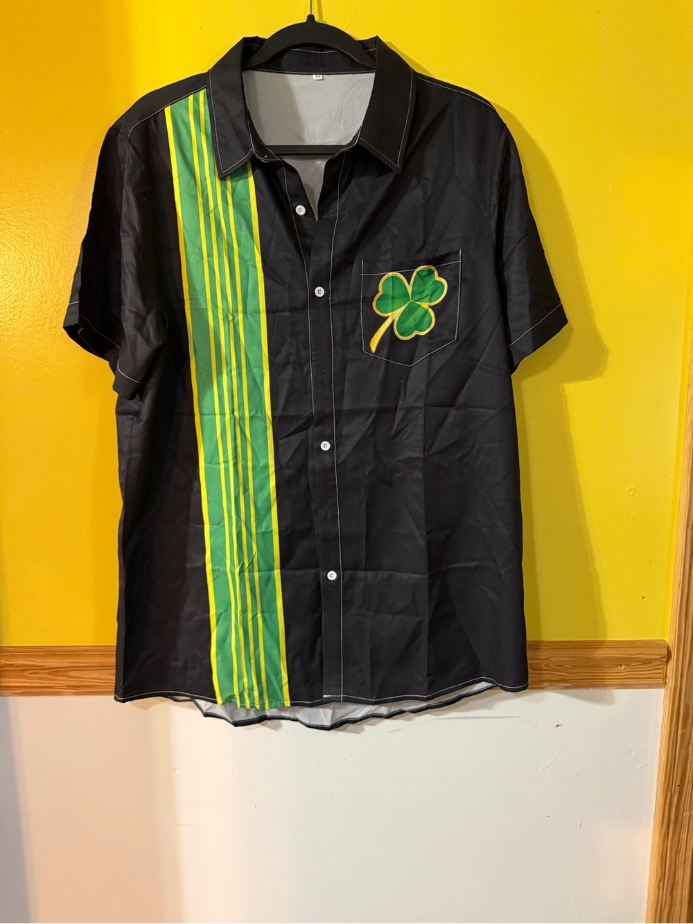 Men's Black Short-Sleeve Shirt with Green Stripe & Clover Patch